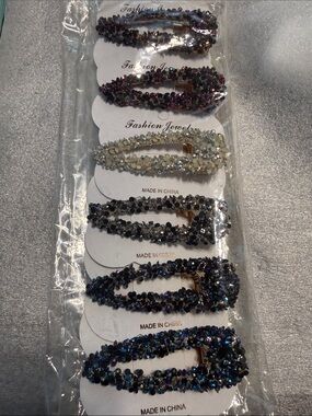 Fashion Jewelry Multicolor Crystal Hair Clip Set - Purple,Gold,Black,Blue. 6/$12